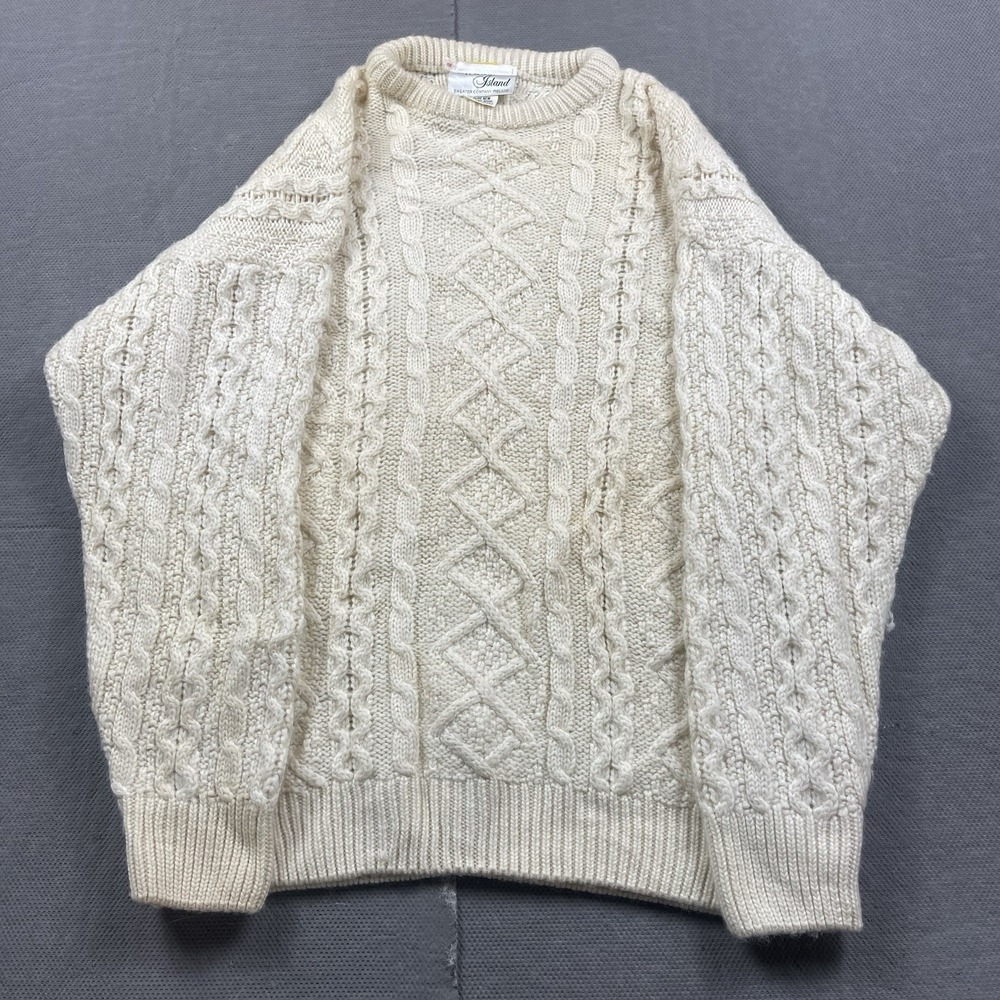 Western Island Sweater Mens M Cream 100% Wool Aran Cable Fisherman Knit Ireland